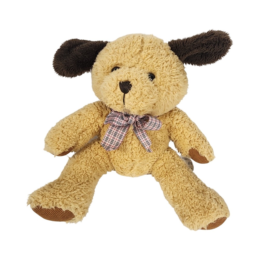 Tan Sherpa Plush Puppy Dog Plaid Bow Floppy Ears 11 Inch